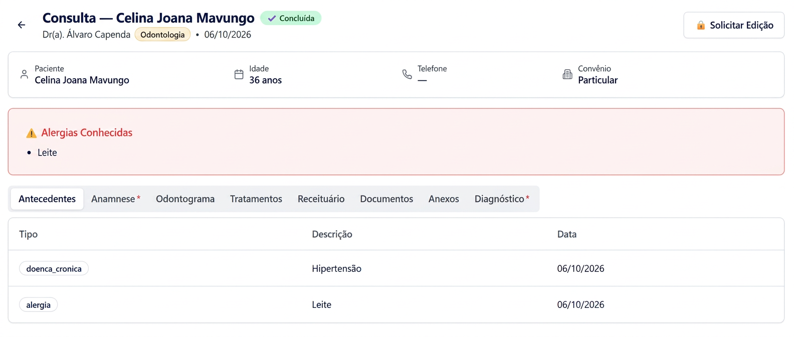 Consulta de estomatologia com antecedentes, odontograma e tratamentos de Celina Joana Mavungo, paciente fictícia